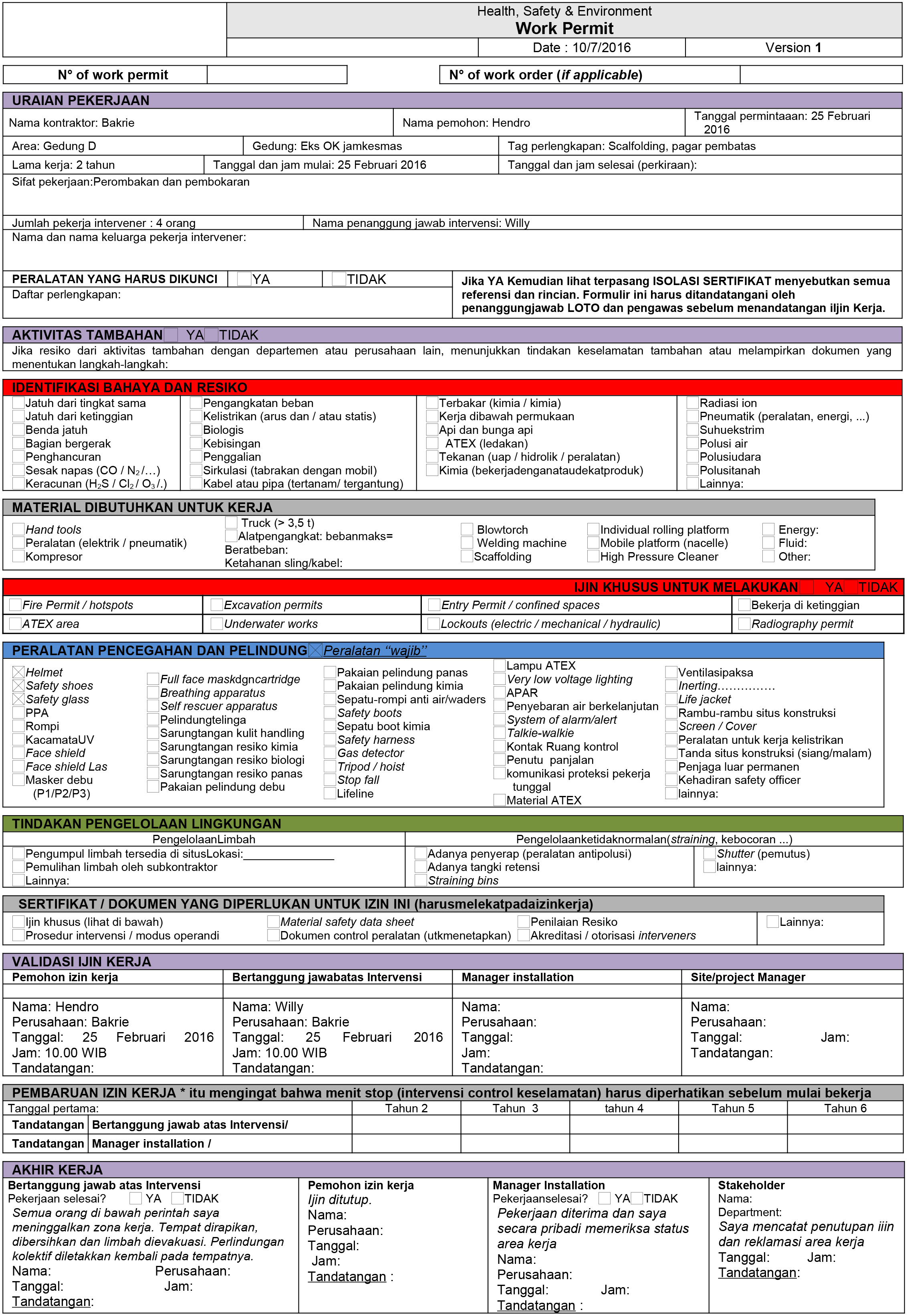 Health, Safety & Environment work permit